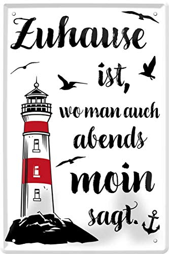 WOGEKA ART Retro Blechschild Zuhause ist, wo man auch abends Moin sagt Leuchtturm witziger Spruch als Geschenk-Idee zu Geburtstag Weihnachten zur Dekoration 20x30 cm Vintage-Design aus Metall 2101