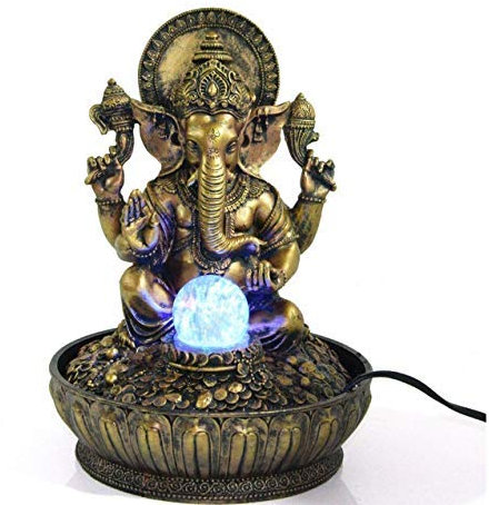 Risecollection Fengshui Fontaines D'Eau - Bénédictions Ganesha Avec La Lumière Led Et Boule De Cristal Et Moteur Électrique - Et Couleur Bronze Or - Résine | Fournitures-Act-058