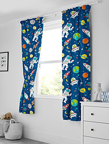 Bloomsbury Mill – Weltraum, Rakete & Planet – Gefüttertes Gardinenpaar mit Raffhalter für Kinder – 168 cm x 183 cm