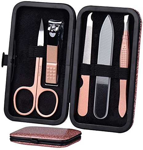 HANTEKAS Manicure Set Nail Clippers Kit 5 Pieces in 1 Stainless Steel Professional Grooming Nail Care Tools Including Nano Glass Nail Shiner Buffer File Gift for Men Husband Boyfriend Parents Women