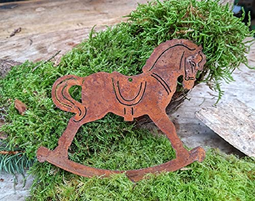 terracotta-toepfe-de Schauckelpferd 15 cm breit aus Metall in Edelrost zum Hängen oder Legen Fensterschmuck Garten Deko Pferd Weihnachten Advent Nikolaus
