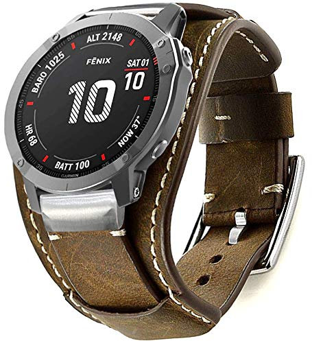 Leotop-Lederbänder Kompatibel mit Garmin Fenix 6X/6X Pro/5X/5X Plus/3/3HR/Saphir / D2/Foretrek 601/701/Quatix 3/Tactix Bravo Smartwatch, 26mm schnelles Original-Manschettenband aus Leder (Kaffee)