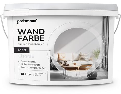 Preismaxx Profiweiß Wandfarbe grau 10L, hohe Deckkraft, Dispersionsfarbe innen, Innenwandfarbe Raumfarbe eisgrau deckend, Deckkraftklasse 2, matt Innenfarbe Profi Qualität
