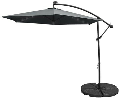 Monster Shop Ombrellone da Giardino Decentrato con Luci LED Ombrellone a Sbalzo da Esterno Parasole da Giardino 3x3m con Pannello Solare e 24 LED Installati - Base Zavorra Tonde - Grigio
