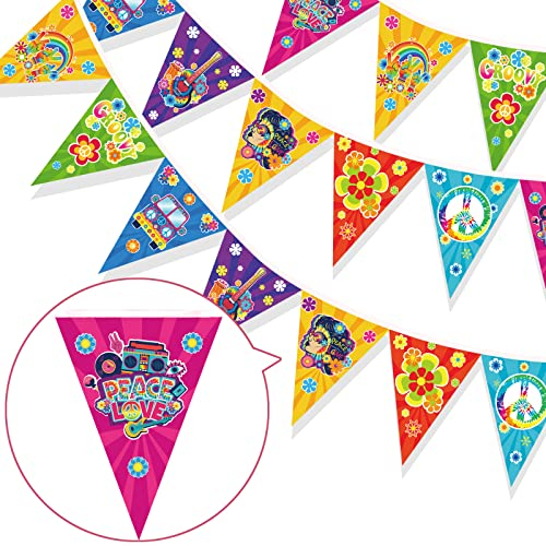 HOWAF 60er Hippie Wimpelkette, Groovy Retro Blumen Friedenszeichen Banner, Tie Dye Wimpelkette Rainbow Banner für Flower Power Party Deko