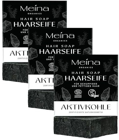 Meina Naturkosmetik - Schwarze bio Haarseife gegen Schuppen und fettiges Haar mit Aktivkohle, Zertifiziert, Vegan, Nachhaltig, Handgemacht, Plastikfrei, Ohne Palmöl, Wie ein festes Shampoo - 80g …
