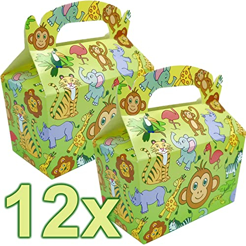 12x Geschenkboxen * ZOOTIERE * für Mitgebsel zum Kindergeburtstag | Mitgebselbox aus Pappe | Zoo Tiere Partybox mit Tragegriff | Partytüten Wildtiere Safari