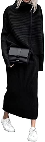ebossy Gerippter Strickpullover für Damen, lässig, locker, 2-teiliger Rollkragenpullover, elastische Taille, Maxi-Rock-Set