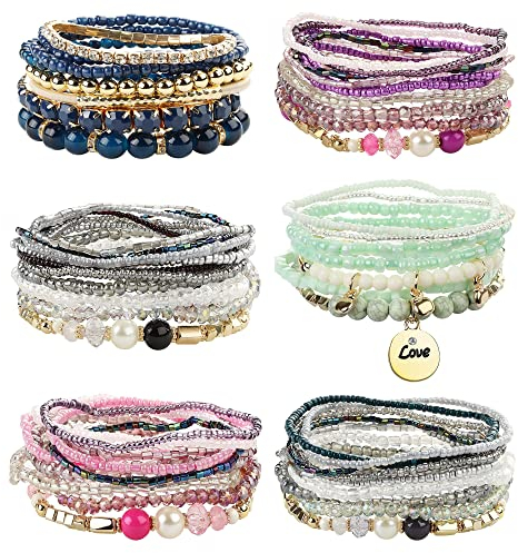 JeryWe 44 Stück 6 Sets Boho Armband Damen Frauen Mädchen, Multilayer verstellbar Perlen-Handkette,Stretch Bunte Armbänder,Geschenk Beste Freundin,Festival Accessoires F