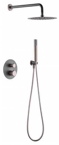 IMEX - Conjunto de ducha termostática empotrado pared, Kit Termostático Ducha Empotrado 2-Vías - Grifería baño SERIE LINE Gris Mate y Champagne - GTD038/GC