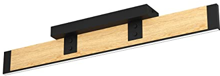 EGLO LED Deckenleuchte Caminarro, dimmbare Deckenlampe, längliche Deckenbeleuchtung aus Holz in Natur und Metall in Schwarz, Wohnzimmerlampe warmweiß