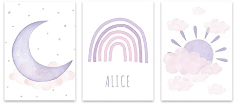 CPGG Kinderzimmer-3-Teiliges Wandposter Lila Regenbogen Mond Sonne Leinwandmalerei Kinderzimmer Poster Nordische Wandbilder Baby Mädchen Raumdekoration-20X30Cm (Kein Rahmen)
