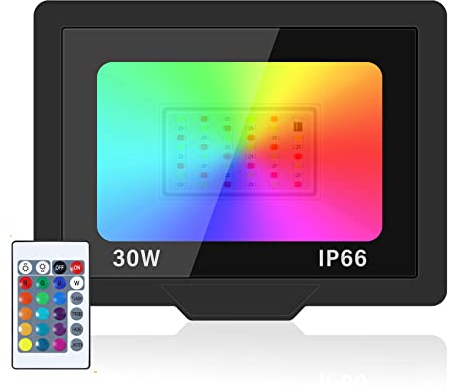 PICAA RGB LED Strahler Außen, 30W Fluter Mit Fernbedienung LED Strahler Außenstrahler IP66 Wasserdicht, 3000LM Außen Strahler Flutlicht für Innen Garten Hinterhof Party(1 Stück)