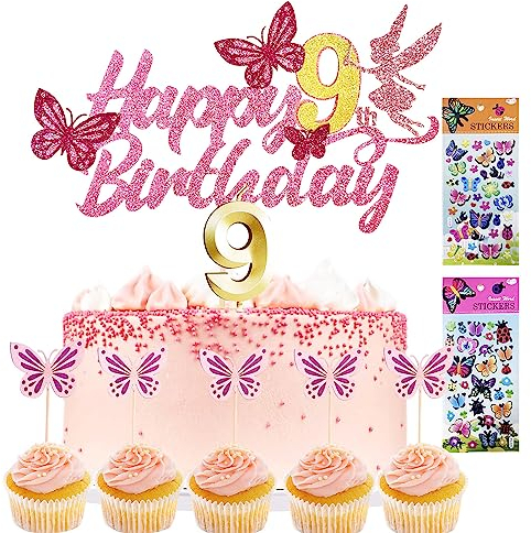 Tortendeko Mädchen Cake Topper 1. geburtstag 13 Stück Schmetterlinge deko +1 Geburtstagskerze+2 Sticker kinder Kuchen Deko Geburtstag deko mädchen Tortendeko Geburtstag, (9)