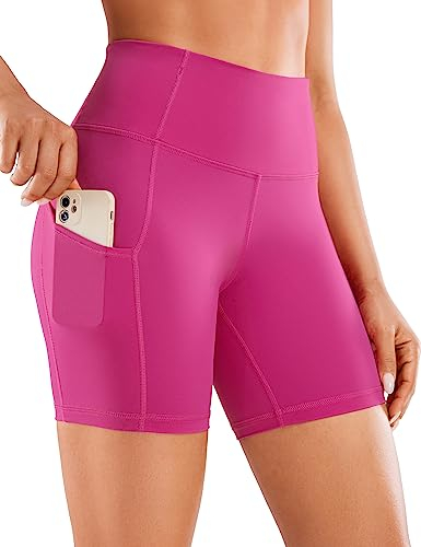 CRZ YOGA Damen Sport Radlerhose Blickdichte High Waist Biker Shorts Running Kurze Leggings mit Tasche - Naked Feeling Light - 15cm Hibiskus-Purpur 38