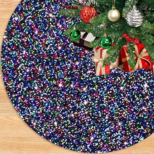 Regenbogen-Baumrock – 53,3 cm bunte Pailletten-Weihnachtsbaumdecke für 1,2 m Baum – Glitzer-Baumrock mit Ring – perfekt für Familien-Heim-Party-Dekoration
