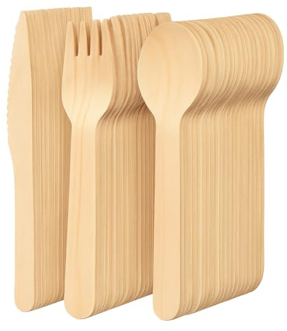Sabco - 300pcs Disposable Wooden Cutlery Set - Wooden Forks, Spoons, Knives for Parties. Biodegradable Eco Friendly Bamboo Alternative to Plastic - for Parties - Birch Wood Party Set