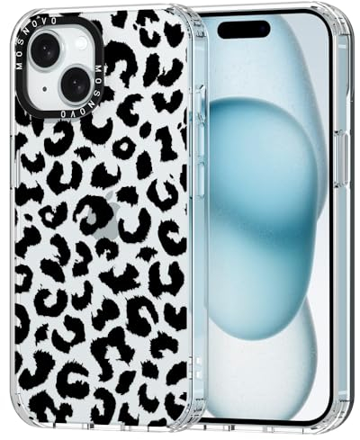 MOSNOVO für iPhone 15 Hülle – Durchsichtige, schlanke, stoßfeste TPU+PC-Handyhülle, [6,6 Fuß Fallschutz/Anti-Abziehen] - Schwarzer Leoparden-Print