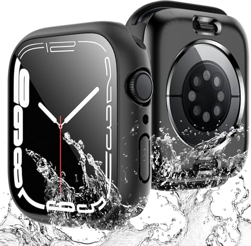 TAURI 2 Pezzi Cover Impermeabili per Apple Watch Series 9/8/7 da 41 mm,[Certificazione IPX8 Impermeabile]con Protezione in Vetro Temperato 9H[Protezione Completa]Custodia Protettiva Sottile 41mm-Nero