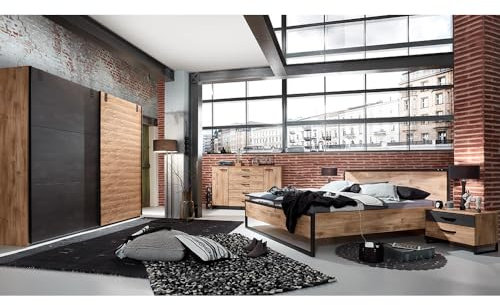 Lomadox Schlafzimmer Set 5-TLG. mit Bett 160x200, Schwebetürenschrank 300cm, Kommode, 2 Nachttische in Eiche mit Stahl Nb., Industrial Design