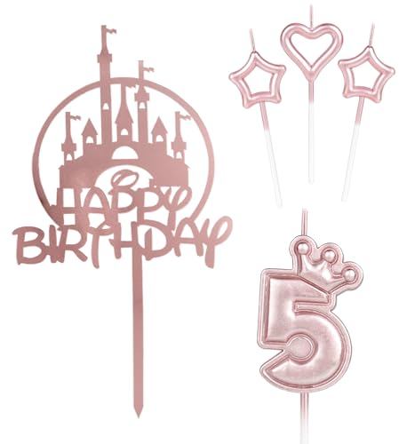 Happy 5th Birthday Candles Cake Toppers, Pink Castle Cake Topper, Crown Number 5 Candle for Cake, Pink Cake Candle Cake Cupcake Topper for Girls Baby Birthday Party 5th Wedding Anniversary Decorations