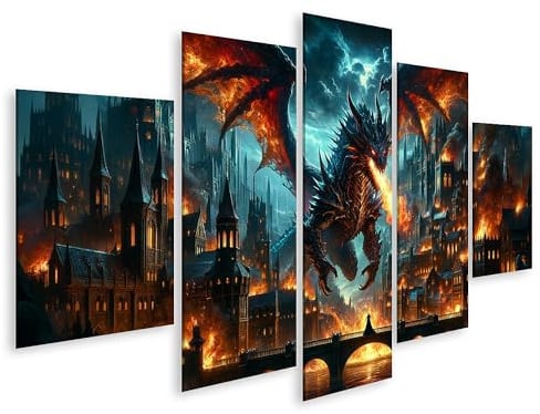 islandburner Wandbild Drache speit Feuer über der Stadt Fantasy Feuerdrache auf Leinwand Bilder Bild Poster