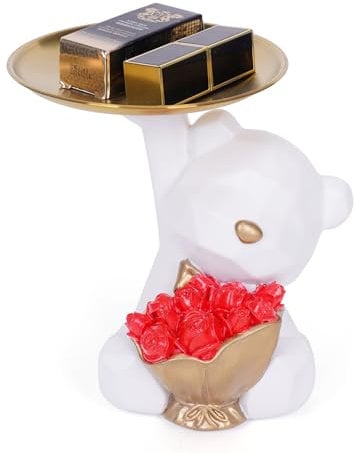 Azazaza Bear Figurine, Resin Bear Statue with Storage Tray, Cute Ornament Key Snack Holder, Modern Art Decor Sculpture for Home Living Room Office (D-White Rose)
