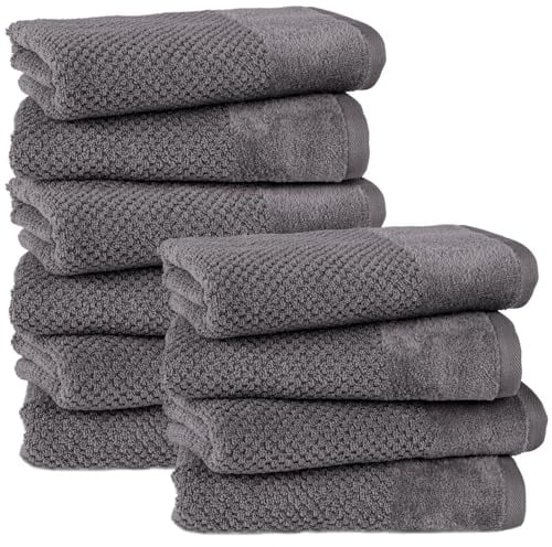 Pure Label 10-TLG. Handtücher Set mit Aufhängeschlaufen aus 100% Baumwolle, saugstark, weich und Oeko-TEX Zertifiziert - 10er Pack Handtücher 50x100 cm aus feinster Baumwolle, Anthrazit - Grau