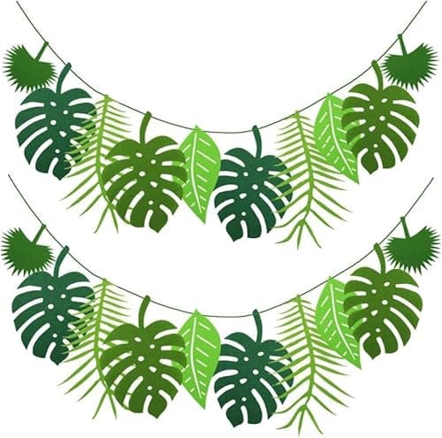 2 Pcs Tropical Palm Leaves Banner, Tropical Jungle Them Decorations, Tropical Leaf Banner, Faux Monstera Leaves Banner for Birthday, Summer, Luau, Jungle Summer Theme Party (5m in total)