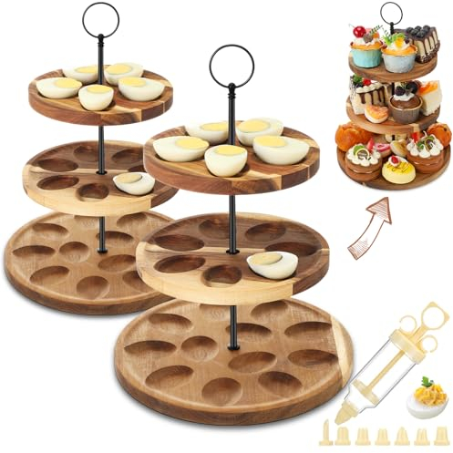 Memorywuu Doppelter Eierteller aus Holz, 3 Etagen, 48 Löcher, Teufels-Eierständer, Teller, wendbar, Serviertablett für Thanksgiving, Weihnachten, Käse, Zuhause, Küche, Zubehör, 2 Stück