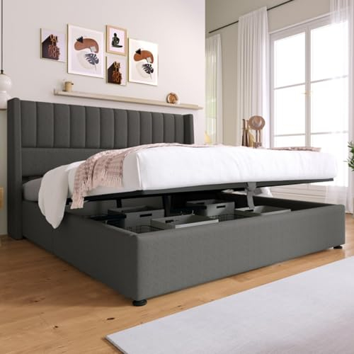 Skcess Stauraumbett Polsterbett Hydraulisch Doppelbett 160X200Cm, Lattenrost Aus Holz, Bett Mit Lattenrost Aus Metallrahmen, Leinen, Grau