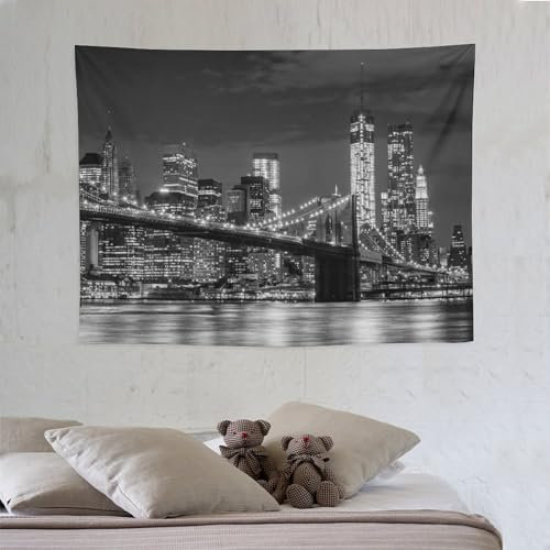 ZhiRain New York Tapisserie, Wandbehang, Schwarz-Weiß, Brooklyn Bridge Skyline, beleuchtete Wandteppiche, Heimdekoration für Wohnzimmer, Schlafzimmer, Wohnung, Bauernhaus, Wohnheim, 76,2 x 101,6 cm