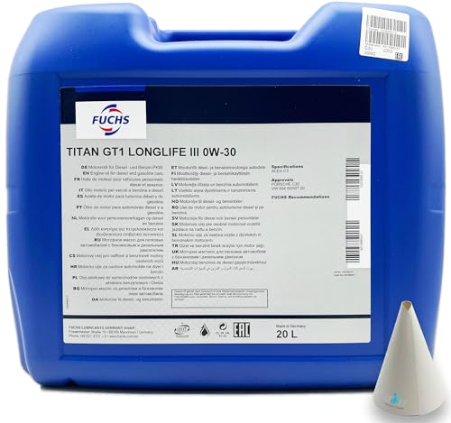20 L Fuchs Titan GT1 Longlife III 0W-30 | kompatibel mit VW 504 00/507 00 | PORSCHE C30 | ACEA C3 | Motorenöl | Motoröl | Ölwechsel | Öl | SAE 0W30 | mit Trichterr
