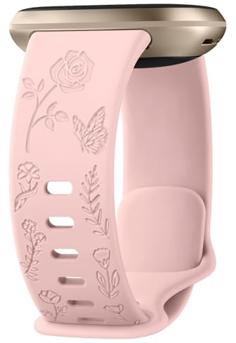Oumida Armband für Fitbit Versa 3/4, Sense/Sense 2 - Weiches Silikon Mit Blumengravur für Damen und Herren (Rose)