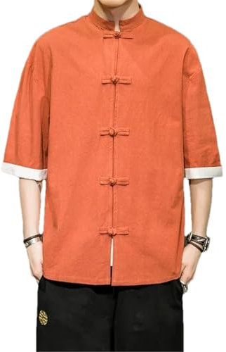 Kimono Veste Homme Traditionnel Chinois Vêtements Lin Hanfu Haut Manches Longues Tang Costume Kung Fu Chemise, Orange, XXL