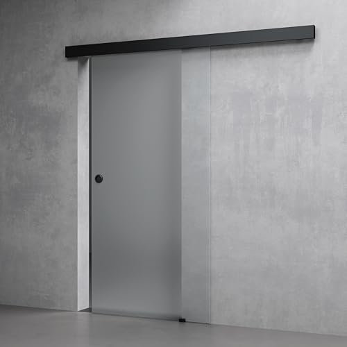 Mai & Mai Internal Sliding Glass Door - Black Fully Frosted, Round Handle, W×H: 1025×2050mm, 8mm ESG Safety Glass with Track for Multiple Rooms