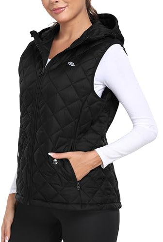 MoFiz Damen Weste Steppweste Leichte Kapuzen Weste Elegant Übergangs Weste Warme Ärmellos Outdoorjacke mit Kapuze Schwarz Größe US M/EU L