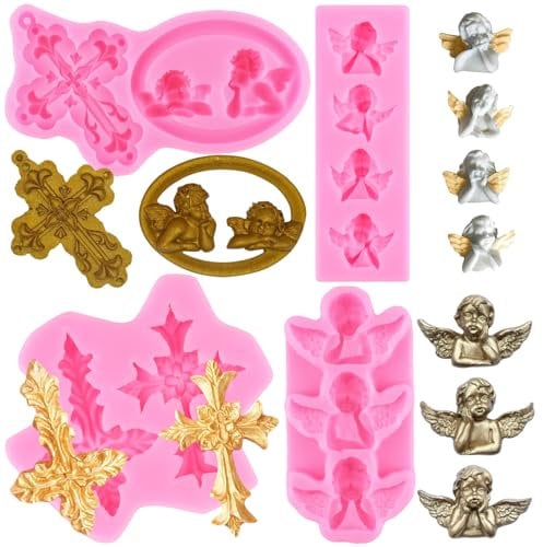 RFGHAC Engel Baby Fondant Formen Kreuz Silikonformen Für Taufe Kuchen dekorieren Cupcake Topper Süßigkeiten Polymer Clay Schokolade Blütenpaste 4er Set