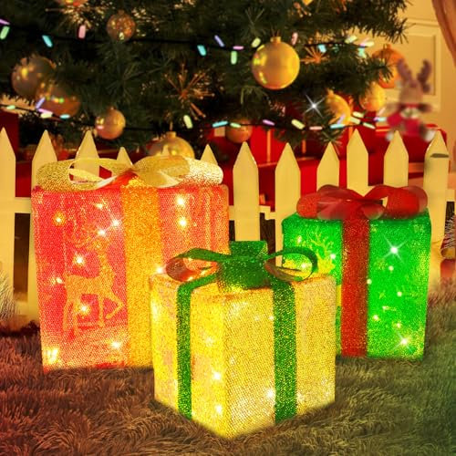 GBLY LED Geschenkbox Weihnachten Deko: 3er Set Personalisierte Geschenke mit Fernbedienung Innen Weihnachtselch Winterdeko 50 LEDs Beleuchtung Batterie unter Weihnachtsbaum für Wohnzimmer Garten
