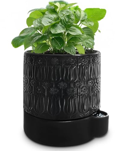 AmiCera Ceramic Plant Pots, Ceramic Outdoor Planters with Drainage Holes, Modern Planters for Indoor Plants, Black Flower Pot Relief Design, Decorative Gardening Gift for Plant Lover, 15 cm