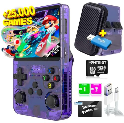 R36S Consola retro portátil 128 GB con +25.000 Juegos +26 Emuladores PS1, PSP, N64, NDS, SuperN, GameB, GBA - Linux IPS 3.5 Consola de videojuegos portátil (Morado t., 128 GB (25K juegos))