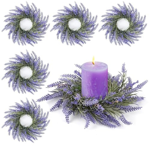 Lavendel-Kerzenringe, Kränze, Mini-Kranz, Tischdekoration, 7,6 cm, Blumenform, Hochzeitsring, Kränze, Stumpenkerzenhalter für Frühling, Sommer, Zuhause, Tür, Party, Dekoration, 6 Stück