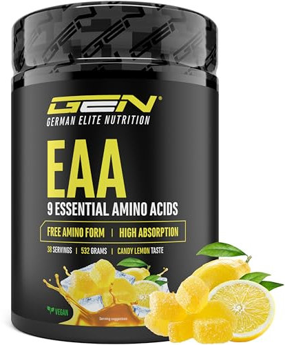 EAA en polvo 532 g - Los 9 aminoácidos esenciales, incluyendo histidina y BCAA - Fórmula Human Code - Bebida Amino Workout - Super soluble - Vegano (Caramelo de Limón)