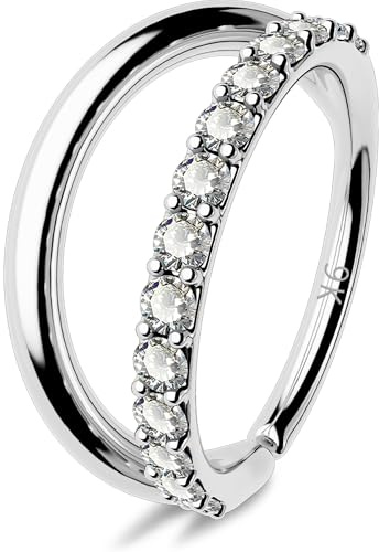 OUFER 20G 9KT Weißgold Nasenpiercing Klar CZ 8 mm Double Line Nostril Piercing Ring Knorpel Ohrpiercing Seamless Open Helix Lobe Piercing