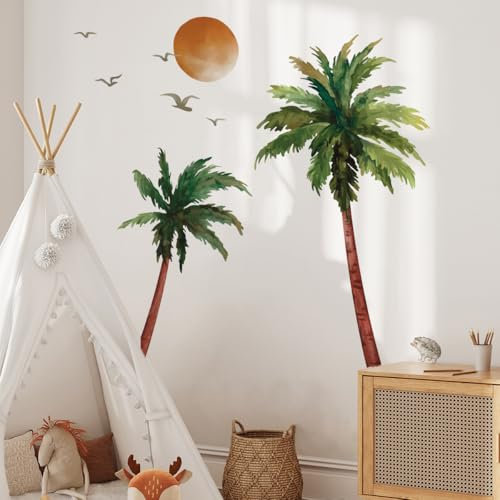 Runtoo Boho Palm Tree Wall Art Decals Peel and Stick Large Tropical Tree Plants Wall Stickers for Bedroom Living Room Kids Nursery Wall Decor