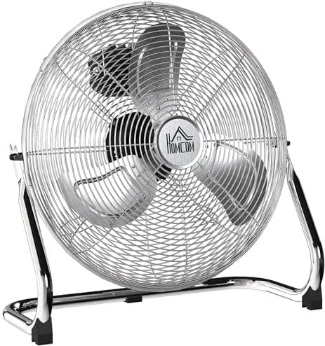 HOMCOM 14 Inches Chrome Metal Floor Fan, High Velocity 3-Speed Home Gym with Adjustable Head, Portable Desk & Table Fan Air Circulator for Home Office, Powerful Airflow, Quiet Operation