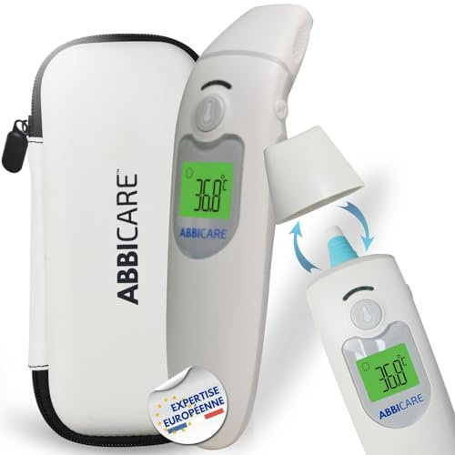 Termometro febbre digitale frontale e auricolare con custodia ABBICARE™| Modalità speciale neonato precisa e rapida in 1 secondo infrarossi | Termometri medici professionali bambini adulti