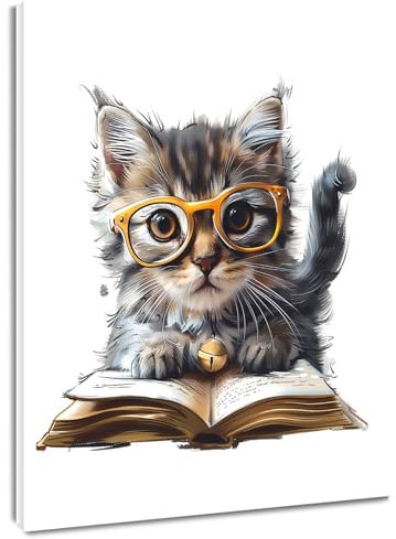 LB Wandbilder Süße Katze Poster Katzen-Lesebuch Wanddruck Lustiges Tier Leinwand Bilder für Wohnzimmer Schlafzimmer Badezimmer Wand Deko,40x60cm Ungerahmt
