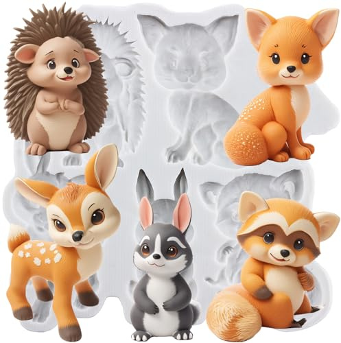 Sijiangmold Moule à fondant animal de la forêt renard, écureuil, lapin, sika, cerf, moule en silicone pour décoration de gâteau, chocolat, cupcakes, bonbons, pâte à gomme polymère