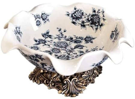 PINGSHI Boutique UK Blue and White Peony Fruit Plate,Creative Ceramic Tray with Resin Base,Candy Dishes,Party Snacks Platters for Table Decoration